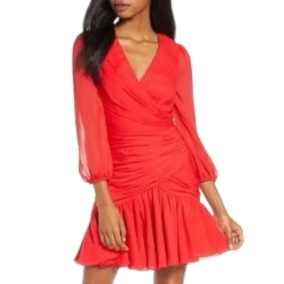 Jill Stuart Shirred Blouson Sleeve Faux Wrap Formal Cocktail Dress -Red - Size 2 - Picture 5 of 11